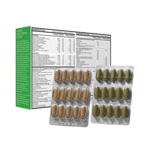 Two blister packs of capsules are placed before a detailed box with supplement facts and product info. The green panel highlights HealthyCell AM PM Healthspan Vitamins (30-day Supply) by HealthyCell, emphasizing cell health. Capsules in varying colors underscore their dietary supplement role.