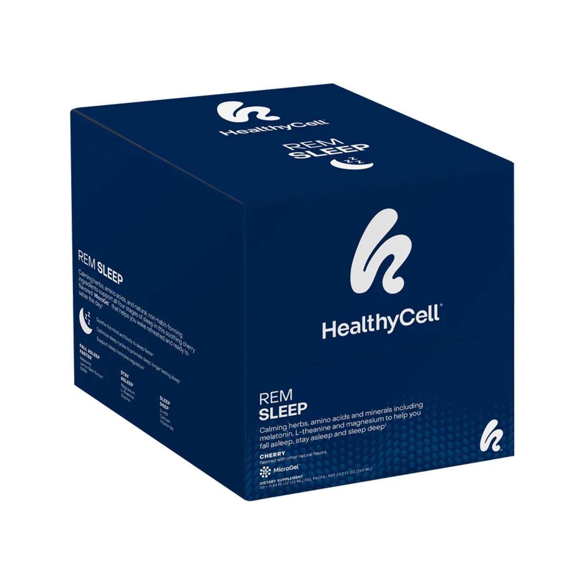 The blue HealthyCell REM Sleep Supplement and Sleep Aid box, featuring white text and the HealthyCell logo, highlights ingredients such as herbs, amino acids, and minerals to improve sleep quality by enhancing REM sleep cycles.