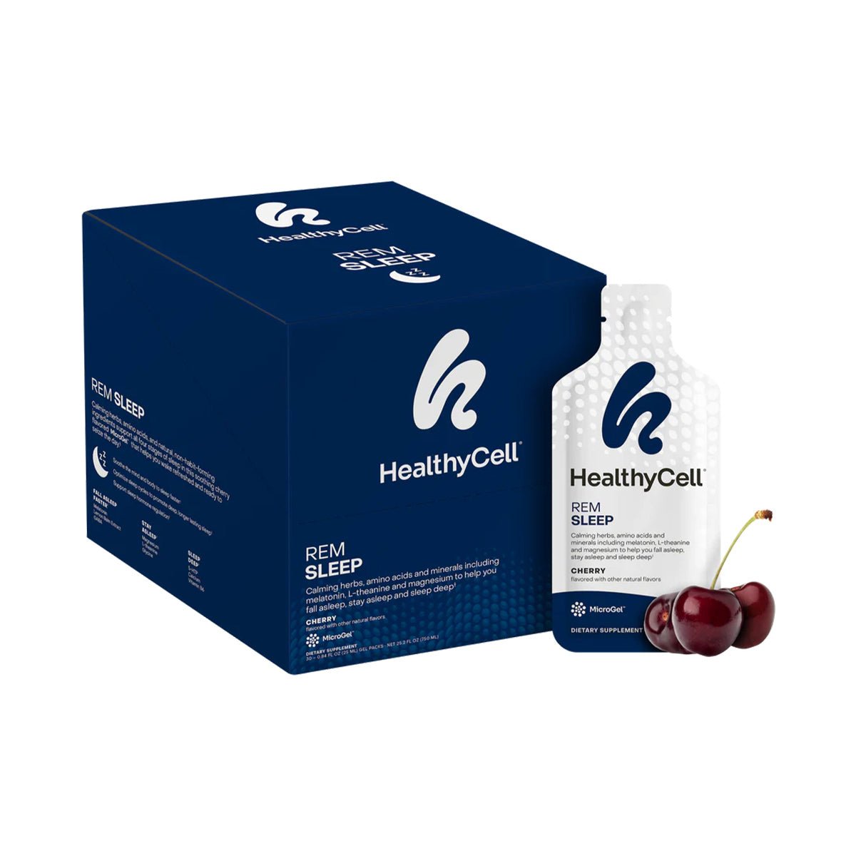 The blue box of HealthyCell REM Sleep Supplement and Sleep Aid (30 Gel Packs) sits beside a cherry-flavored packet, embodying deep sleep. Two ripe cherries in front highlight the products role in enhancing REM sleep cycles for restorative rest.