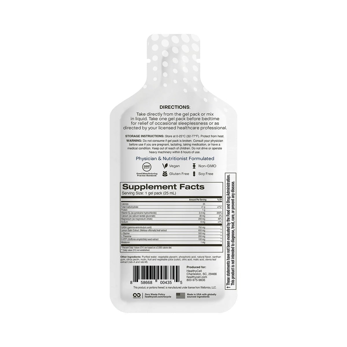 The image displays the back of a HealthyCell REM Sleep Supplement and Sleep Aid (30 Gel Packs) packet with directions, storage instructions, dietary info, and facts. Designed for optimal health and sleep cycle support, its labeled vegan, gluten-free, non-GMO, and soy-free.