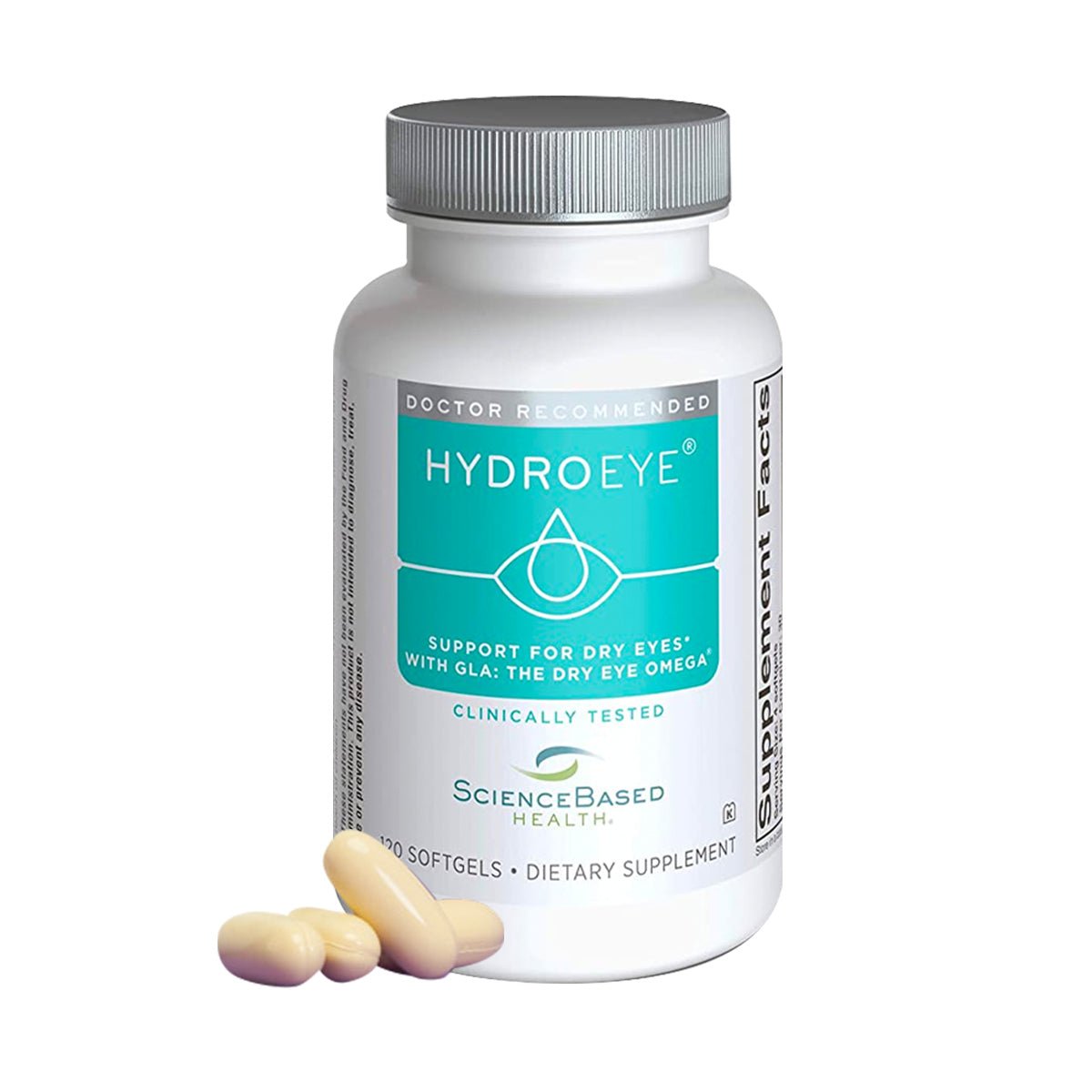 The HydroEye Softgels by ScienceBased Health, a dry eye supplement, comes in a white bottle with a teal Support for Dry Eyes label and Clinically Tested Formula. Accompanying the bottle are four ivory-colored softgel capsules.