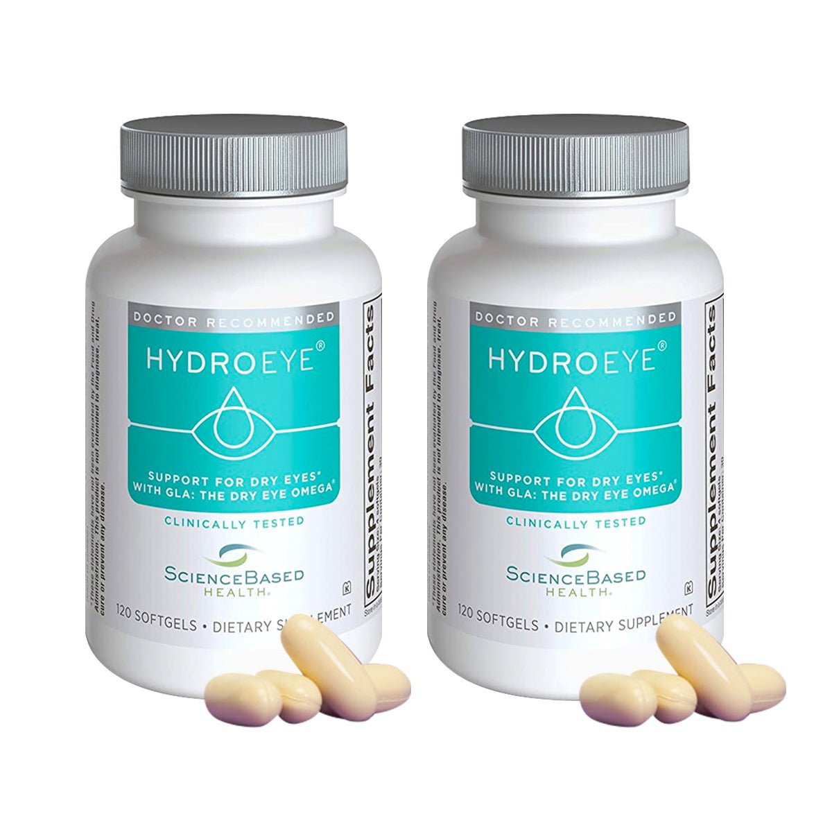 Two white HydroEye 2-pack Eye Formula Softgels bottles from ScienceBased Health, each with gray caps and 120 softgels, are displayed side by side. Four oval capsules are in front. This dry eye supplement enhances tear production effectively with omega-3 fatty acids for optimal relief.