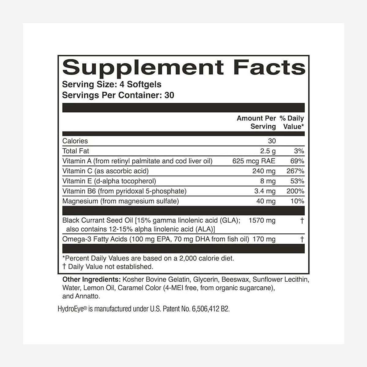 HydroEye 2-pack Eye Formula Softgels by ScienceBased Health support tear production and relieve dry eyes, with each serving of 4 softgels containing: 30 calories, 2.5g total fat, Vitamin A 2400 mg RAE, Vitamin C 40 mg, Vitamin E 60 mg, Vitamin B6 1.3 mg, Magnesium 40 mg, and Black Currant Seed Oil.