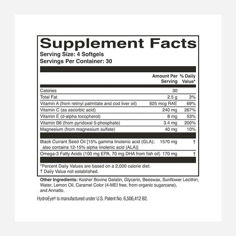 The ScienceBased Health HydroEye Softgels Formula (120ct - 1 Month Supply) features a clinically tested supplement facts label with 4 softgels per serving, including Vitamin A, C, E, B6, Magnesium, Black Currant Seed Oil, Omega-3 Fatty Acids and other ingredients like Kosher Bovine Gelatin and Glycerin.