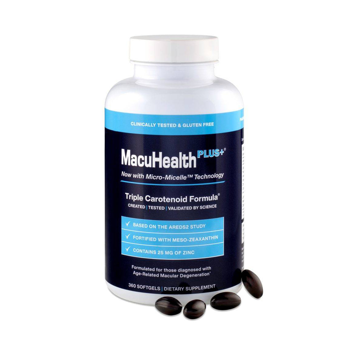 The MacuHealth Plus+ Eye Supplement for Adults features Micro-Micelle Technology in a white bottle. Its triple carotenoid formula and 25 mg of zinc per daily dose support macular health, with 360 softgels inspired by AREDS2 research for superior ocular nutrition. Includes free 2-day shipping.