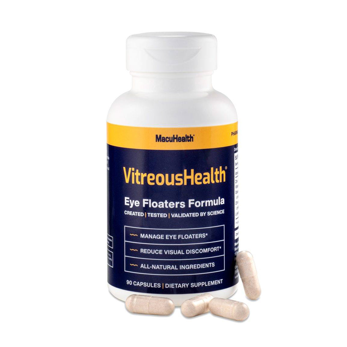 A bottle of VitreousHealth by MacuHealth Eye Floaters Formula (90-day supply) with a yellow cap and label sits beside four white capsules; its noted for managing eye floaters, reducing visual discomfort, combating oxidative stress, and featuring all-natural ingredients.