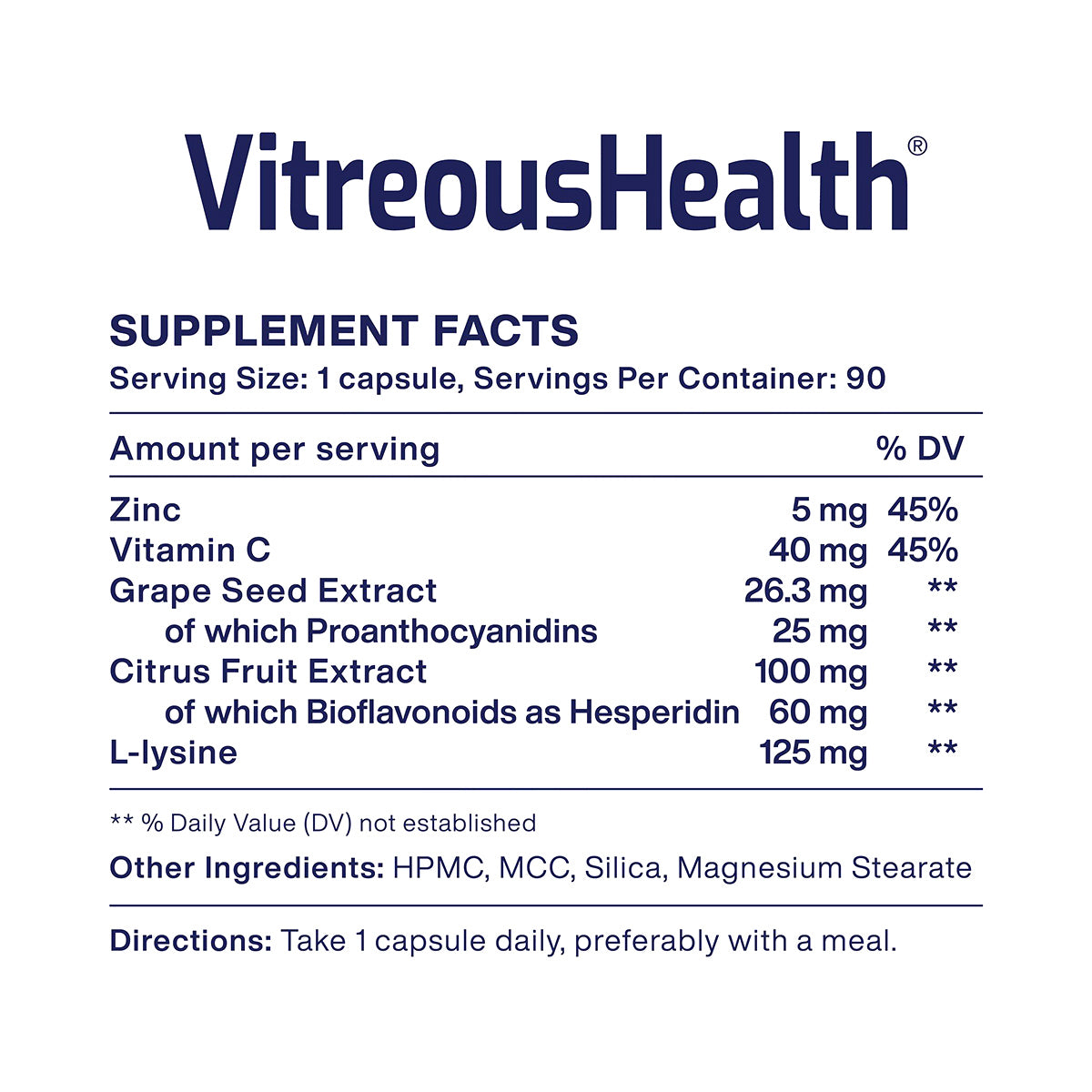 The image shows a VitreousHealth by MacuHealth supplement label, listing ingredients such as Zinc, Vitamin C, Grape Seed Extract, and Citrus Fruit Extract. This eye health formula addresses oxidative stress related to eye floaters. The container holds 90 capsules with one capsule per serving.