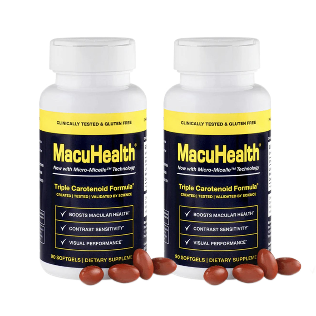 Two bottles of MacuHealth 2-pack Triple Carotenoid Formula, a powerful antioxidant ocular nutrition supplement, are displayed. This eye vitamin is packed to boost macular pigment with a total of 180 softgels for a 6-month supply.