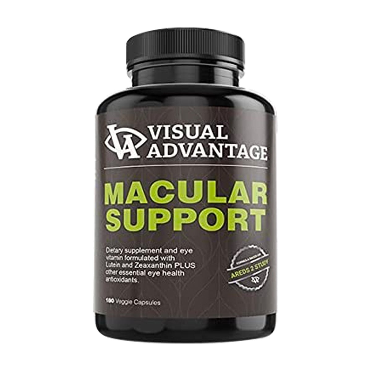 The black bottle labeled Visual Advantage Macular Support by Lunovus contains 180 veggie capsules, featuring lutein, zeaxanthin, and antioxidants for eye health. This AREDS 2 formula supports macular health with a proven study claim.