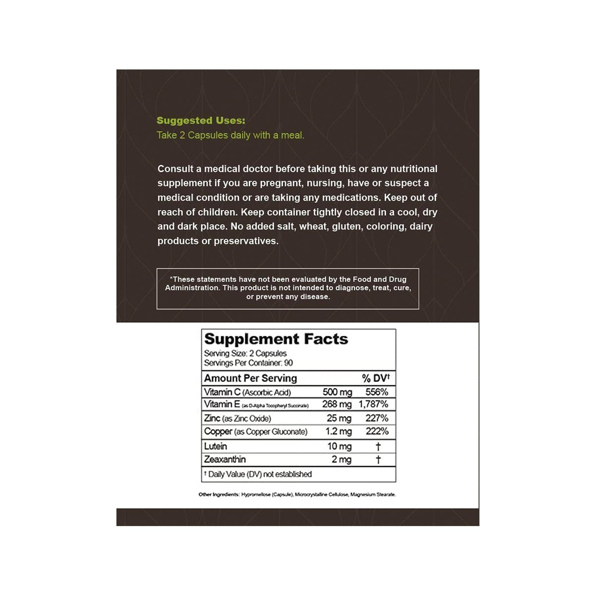 Lunovus Visual Advantage Macular Support Formula for Eye Health - 180 Count provides AREDS 2 ingredients like Vitamin C, Zinc, and L-Lysine. Suggested use is two capsules daily with a meal for eye health, accompanied by a health disclaimer and supplement facts table.