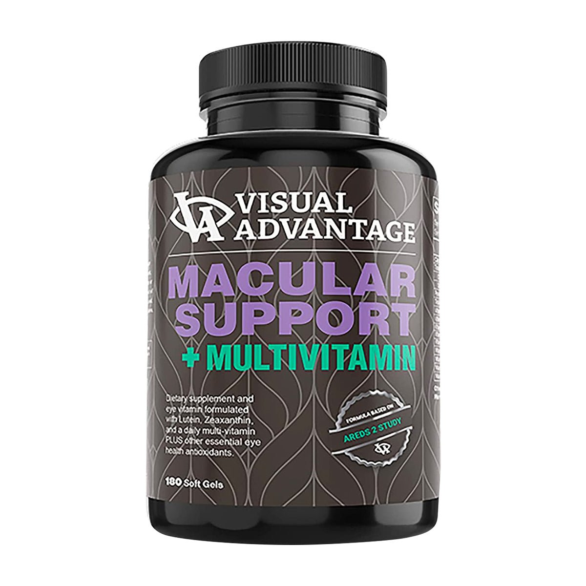 A black Lunovus bottle labeled Visual Advantage Macular Support + Multivitamin AREDS 2 with green and purple accents contains 180 soft gels. It features Lutein and Zeaxanthin, emphasizing support for macular health based on the AREDS 2 study.