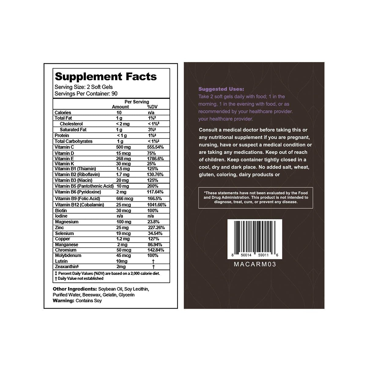 The image features the supplement facts and usage instructions for Lunovuss Visual Advantage Macular Support + Multivitamin AREDS 2, with lutein and zeaxanthin in soft gels. Set against a dark backdrop with white and purple text, it provides multivitamin guidance and important warnings.