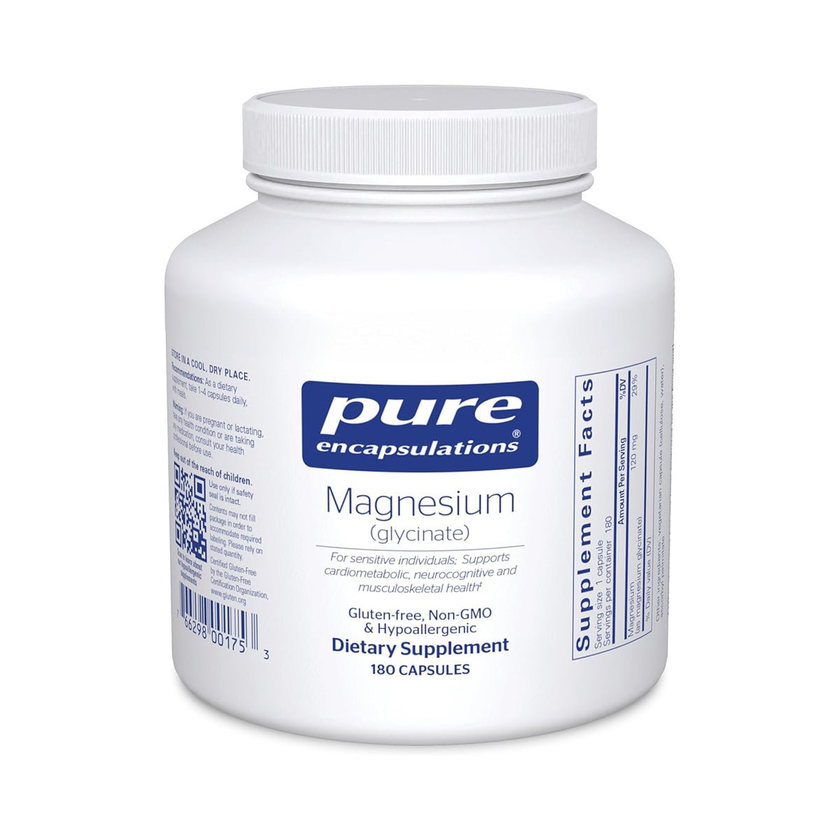 The Pure Encapsulations Magnesium (Glycinate) bottle contains 180 capsules and supports cardiovascular, neurocognitive, musculoskeletal health, and neuromuscular balance. It is labeled gluten-free, non-GMO, and hypoallergenic.