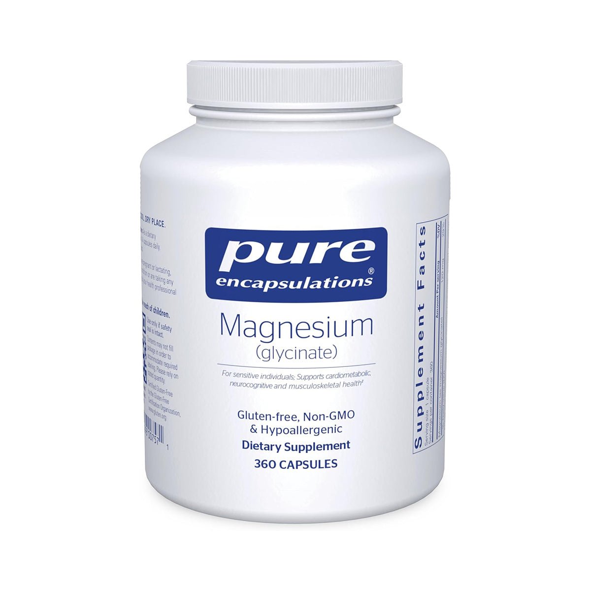 Pure Encapsulations Magnesium (Glycinate) 360ct is a gluten-free, non-GMO, hypoallergenic supplement supporting wellness and eye health. The white bottle includes supplement facts.