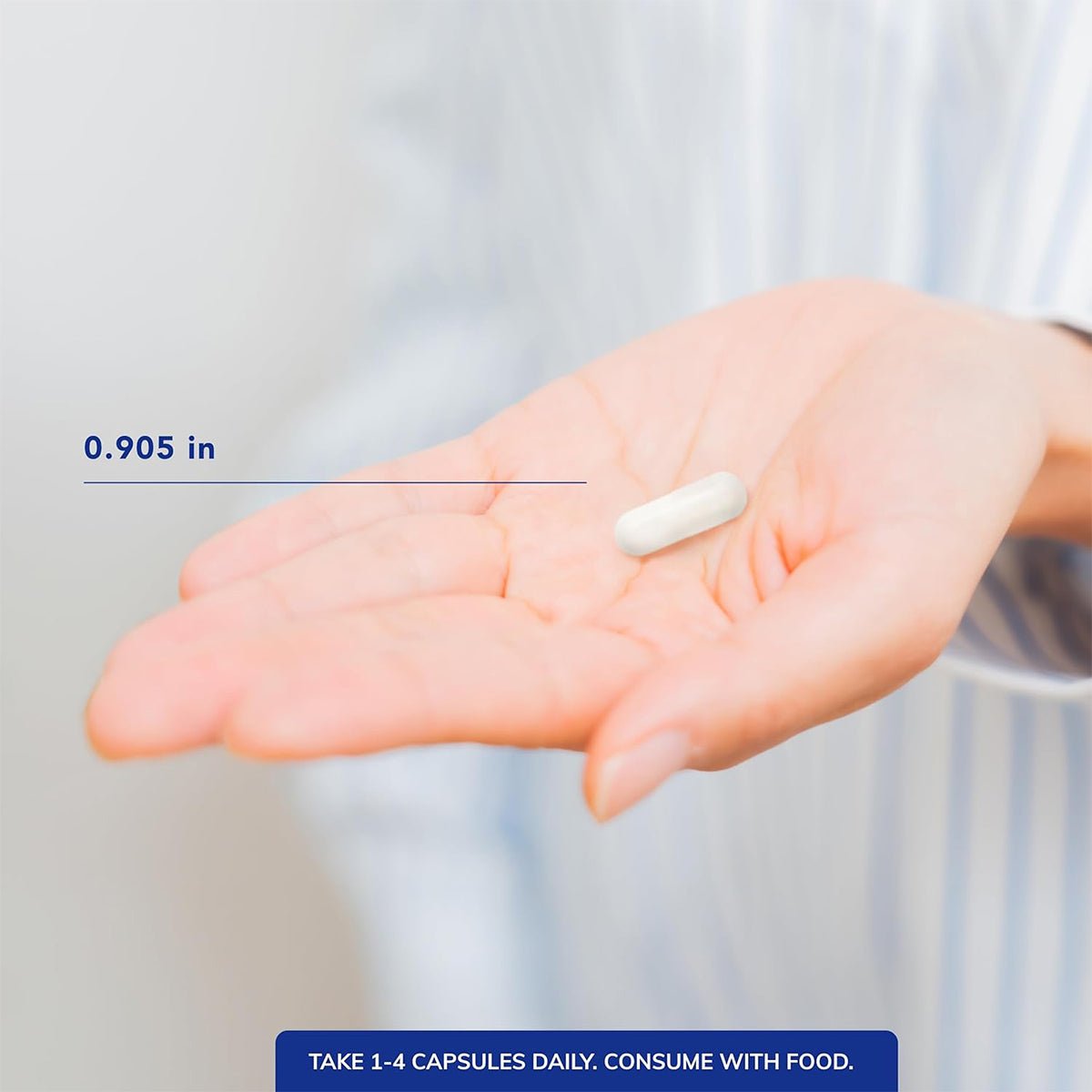 A hand holds a white capsule marked 0.905 inches, highlighting its significance for eye health. The text reads, Take 1-4 capsules daily with food. The background is blurred. Product: Pure Encapsulations Magnesium (Glycinate) 360ct by Pure Encapsulations.