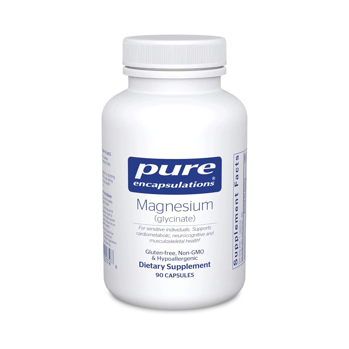 The Pure Encapsulations Magnesium (Glycinate) 90ct bottle promotes cardiovascular and musculoskeletal health. Its gluten-free, non-GMO, hypoallergenic, and contains 90 capsules for ideal absorption.