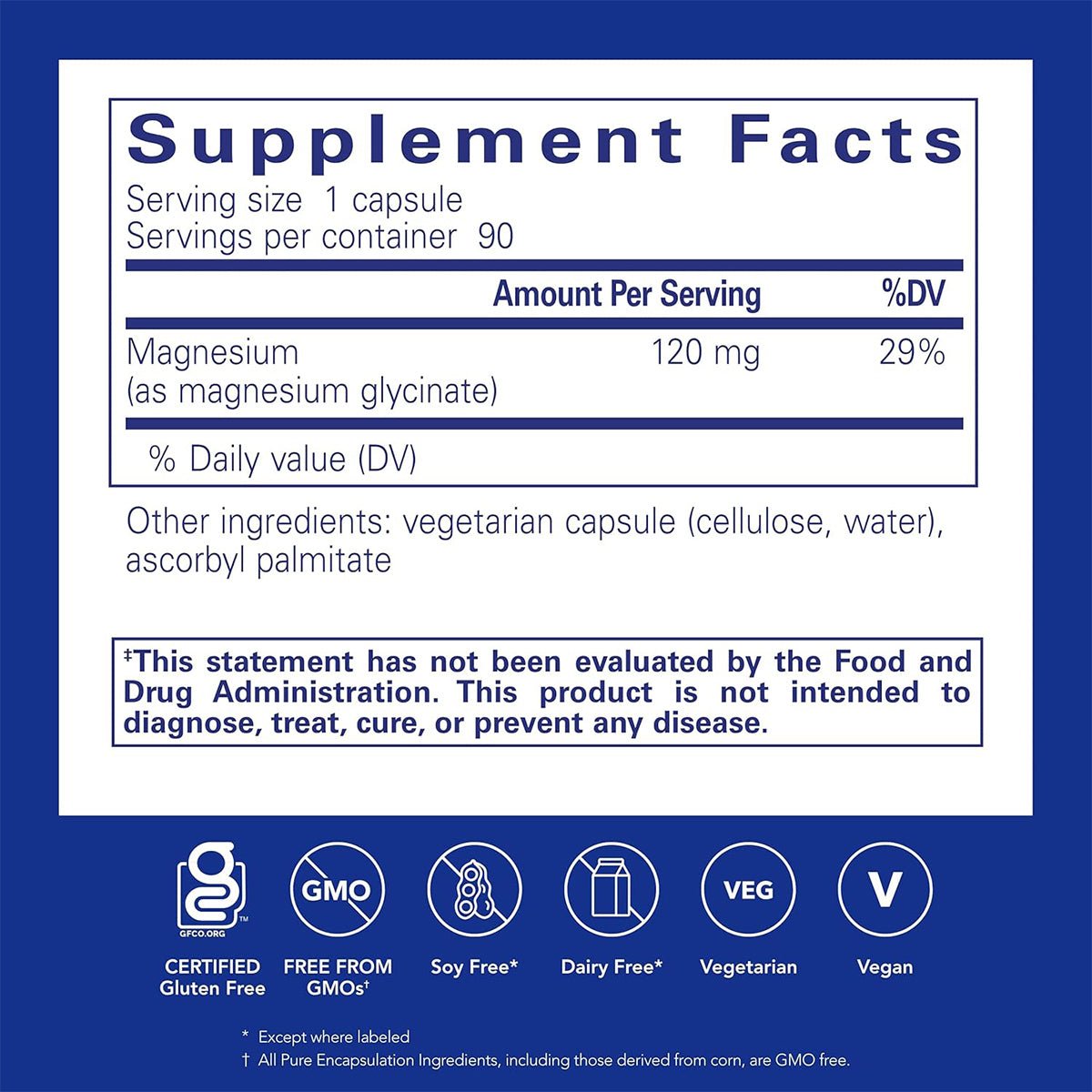 Pure Encapsulations Magnesium (Glycinate) capsules offer 120 mg magnesium per serving (29% DV) for cardiovascular health in a 90-count bottle. Ingredients include a vegetarian capsule and ascorbyl palmitate, and the product is certified gluten-free, GMO-free, soy-free, dairy-free, and vegan.