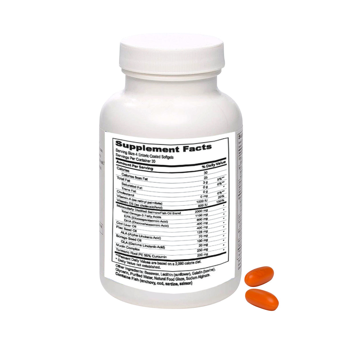 A white bottle labeled Supplement Facts, with two orange softgel capsules beside it, represents your go-to dry eye relief solution: Lunovus MedOp MaxiTears Eye Formula (120 Softgels), enriched with Omega-3 fatty acids.