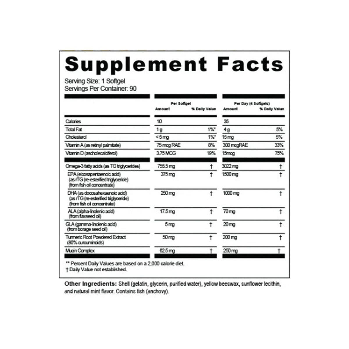 The MaxiTears PRO Eye Formula label from Lunovus, with 120 softgels for a month’s supply, details the serving size, servings per container, and nutrients like calories, fats, cholesterol, vitamins, and Omega-3s for dry eye relief per softgel and daily intake percentage.