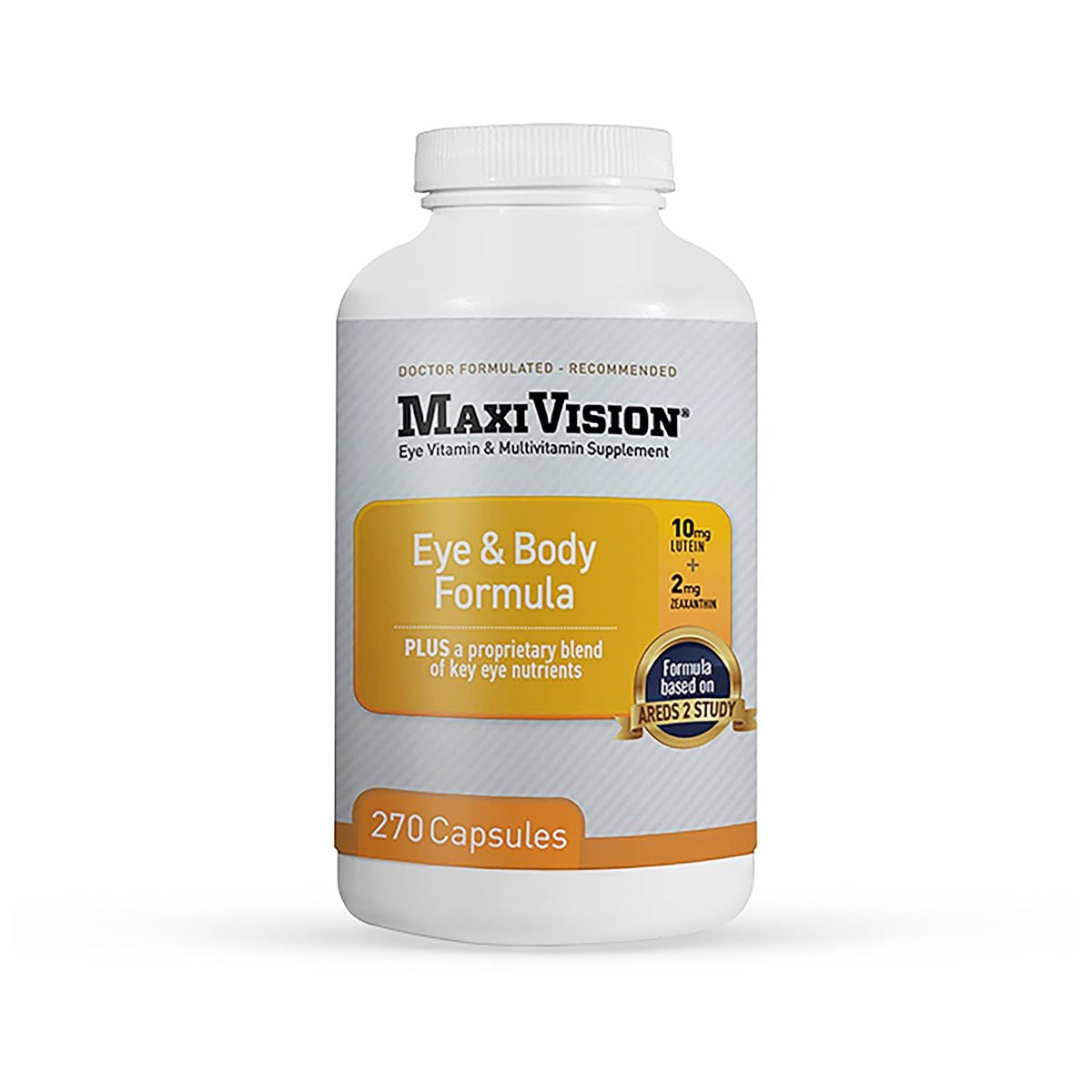 A 270-capsule bottle of Lunovus MaxiVision Eye and Body Formula AREDS + Multivitamin provides a 3-month supply for eye health support. The label is white and yellow, promoting its doctor-recommended nutrients from the AREDS2 study for optimal vision care.