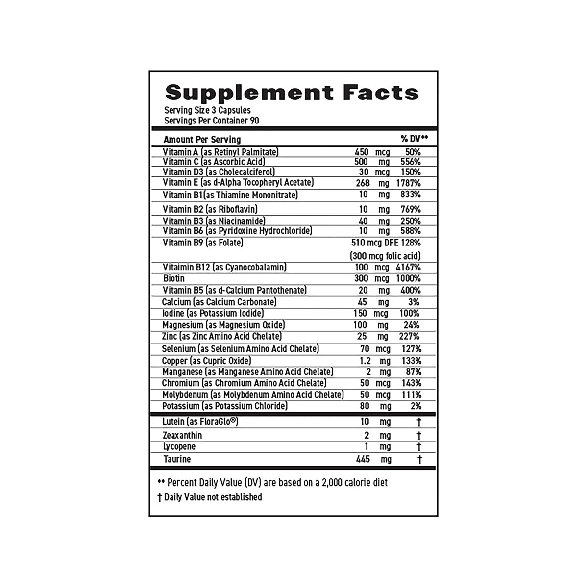 The image shows the supplement facts for Lunovuss MaxiVision Eye and Body Formula AREDS + Multivitamin, listing multivitamin ingredients, their amounts per serving, and daily values. With a 3-capsule serving size and 90 servings per container, it promotes overall eye health.