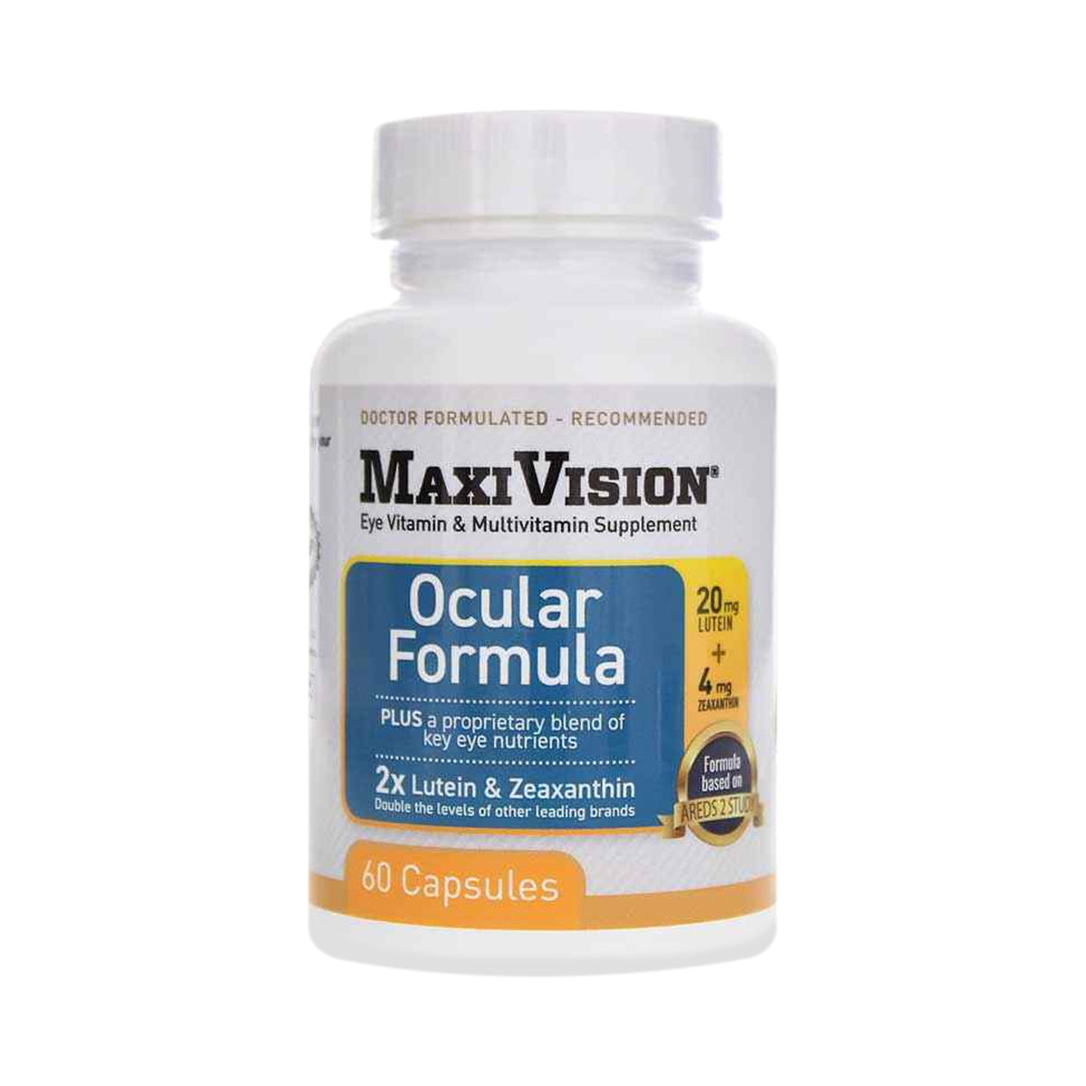 A bottle of Lunovus MaxiVision Ocular Formula (2 Sizes) supplement, featuring a white lid, contains 60 capsules with key ingredients: 20mg lutein and 4mg zeaxanthin. It includes an AREDS 2-based proprietary blend to support eye health and combat Age-Related Macular Degeneration.