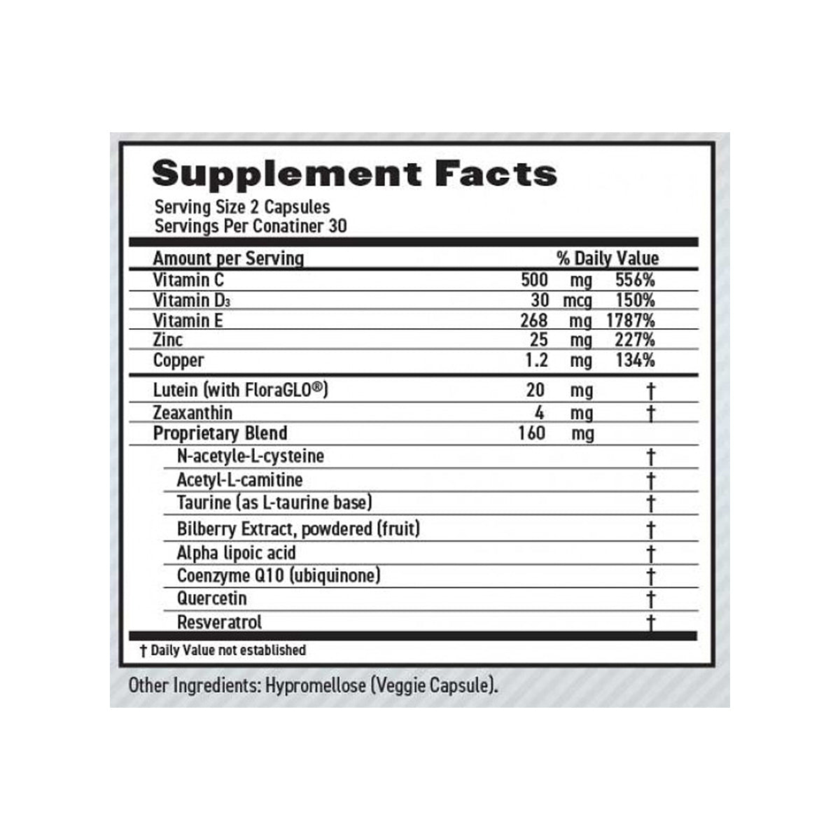 The supplement facts label for MaxiVision Ocular Formula by Lunovus, inspired by AREDS 2 research, includes vitamins C, D3, E, zinc, copper, lutein, and a proprietary blend such as N-acetyl-L-cysteine. Its designed to support eye health and potentially reduce the risk of Age-Related Macular Degeneration with daily values included.