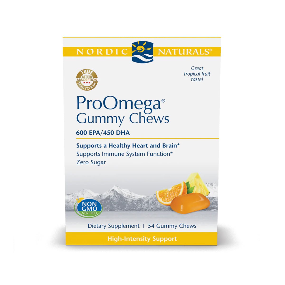 Nordic Naturals ProOmega Gummy Chews feature a tropical fruit flavor and are rich in omega-3s like EPA and DHA. They support heart, brain, and immune health, contain no sugar, are labeled Non-GMO, and come in a true triglyceride form with 54 gummies per pack.