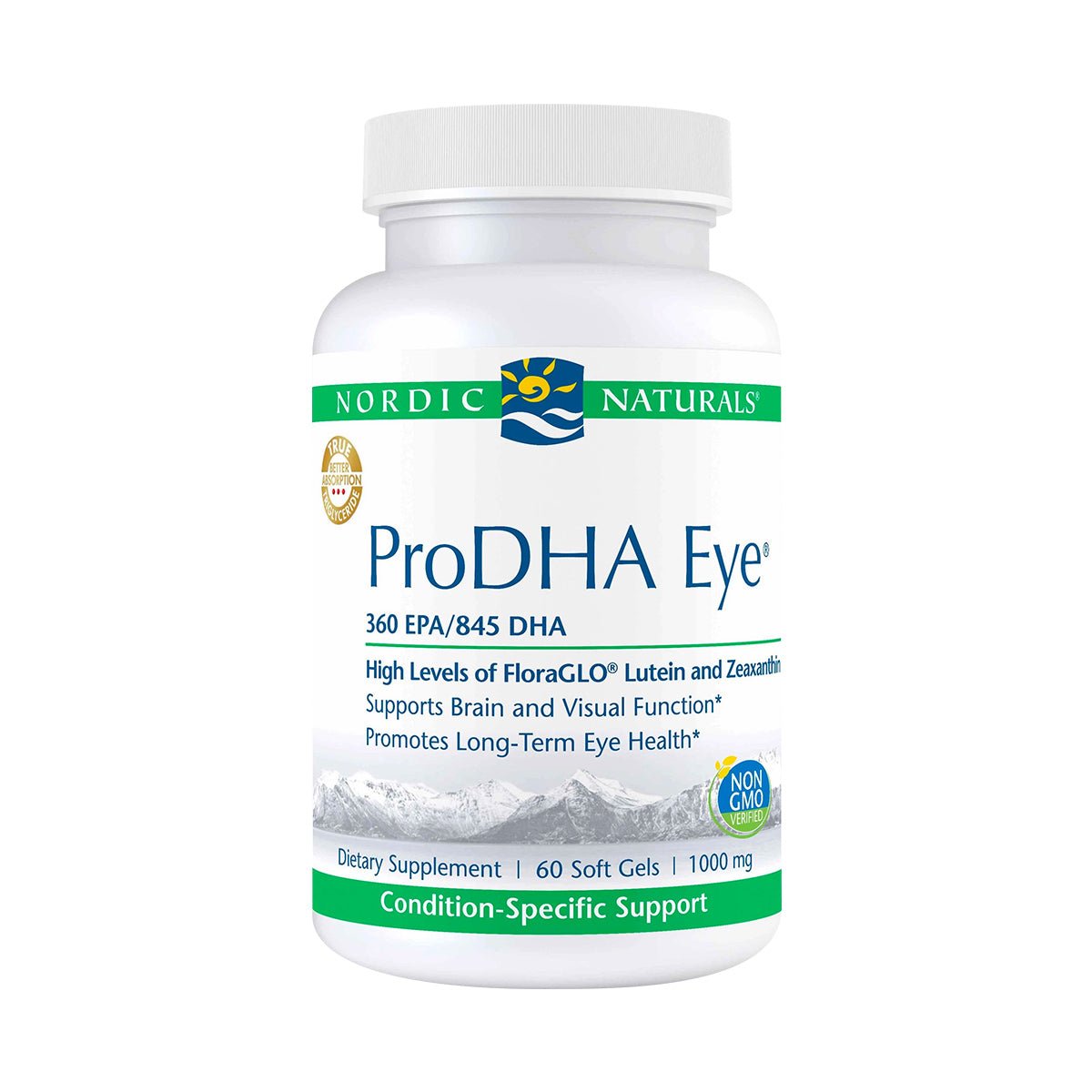 Nordic Naturals ProDHA Eye offers advanced omega-3 with 360 EPA/845 DHA, FloraGLO Lutein, and Zeaxanthin for brain, vision support, and long-term eye health. The non-GMO formula comes in 60 softgels (1000 mg each).