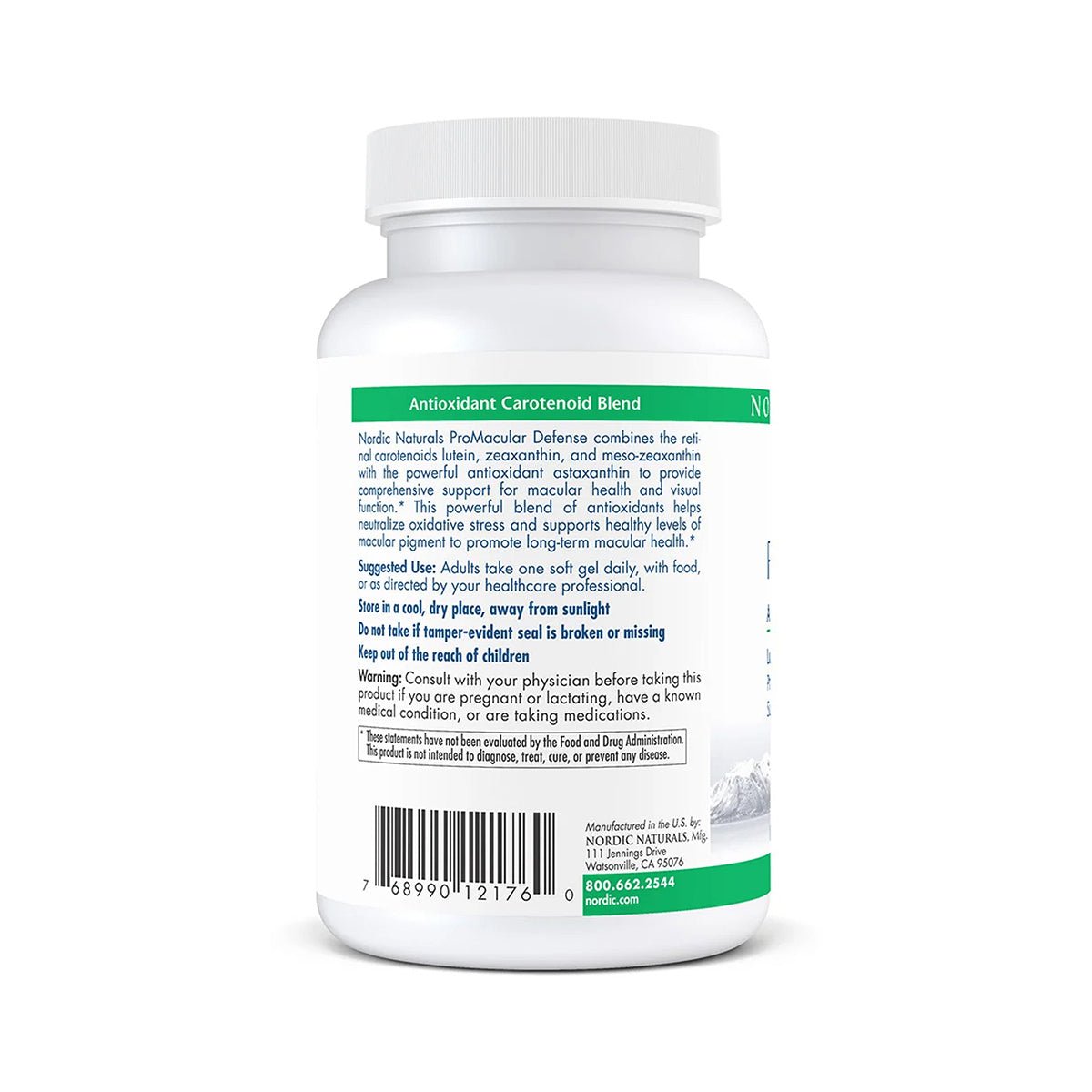 A white plastic bottle labeled Nordic Naturals ProMacular Defense promotes macular health with antioxidants, featuring directions, warnings, and contact details. The mainly white and green label displays a barcode and a green mountain logo at the bottom.