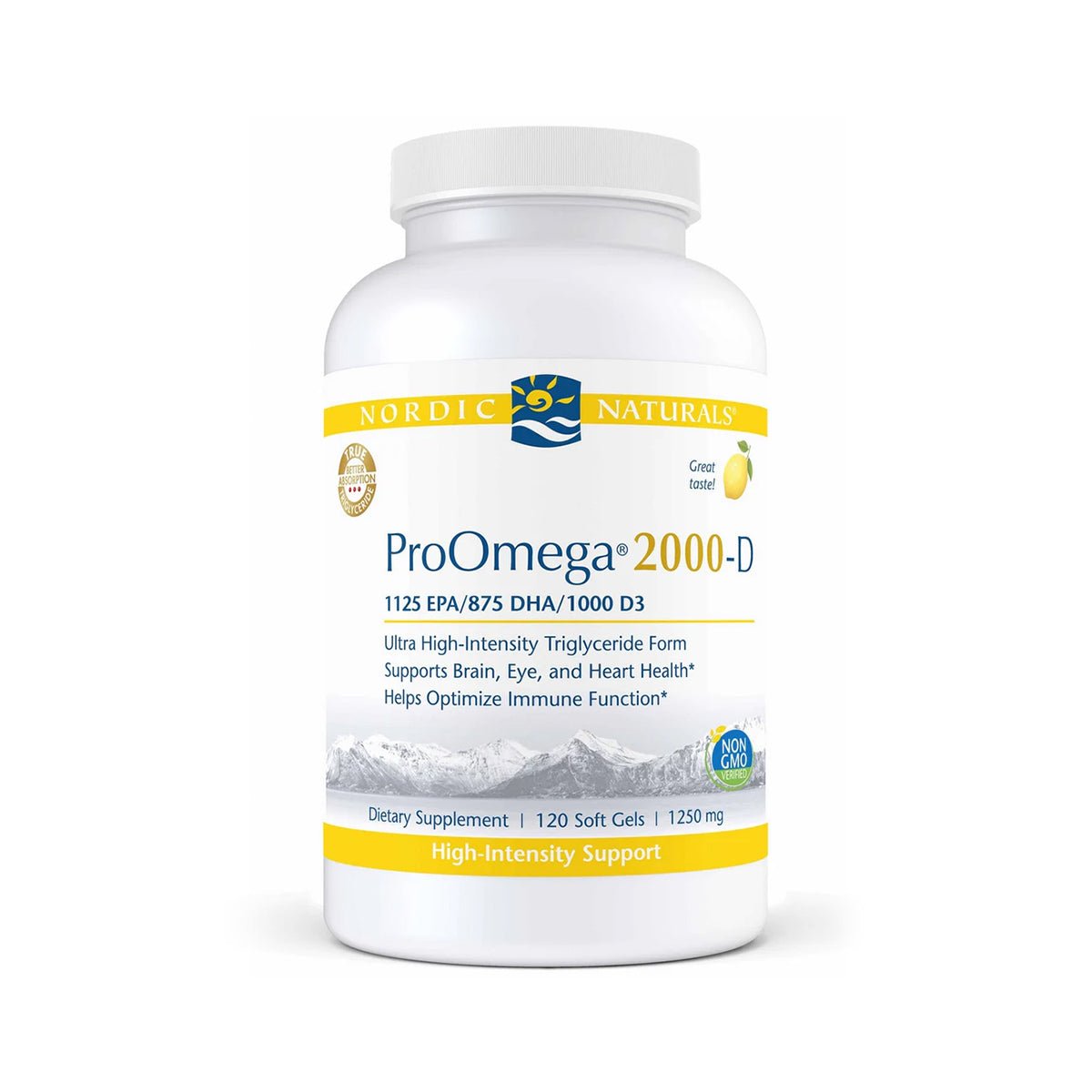 A bottle of Nordic Naturals ProOmega® 2000-D contains 120 soft gels of high-potency omega-3 in triglyceride form, supporting brain, eye, heart health, and immune function. It provides 1125mg EPA, 875mg DHA, and a boost of Vitamin D3.