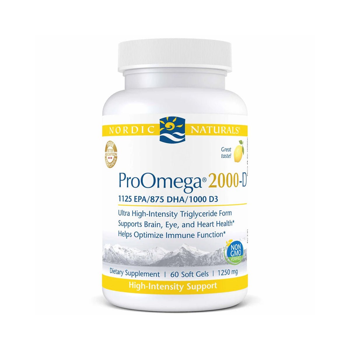 Nordic Naturals ProOmega® 2000-D, featuring a mountain graphic, supports cardiovascular, brain, eye, and heart health with 1125 EPA/875 DHA/1000 D3. This Omega-3 supplement comes in a white bottle and includes 60 soft gels.