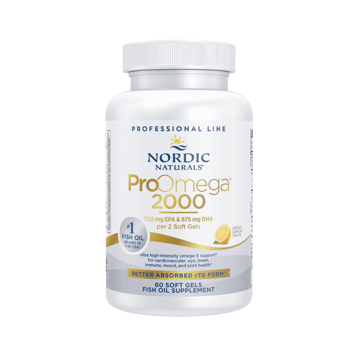 Nordic Naturals ProOmega 2000, Lemon Flavor provides ultra high-potency fish oil with 1125 mg EPA & 875 mg DHA per 2 soft gels. It supports eye health, offers dry eye relief, features a Great Lemon Taste, and includes 60 soft gels in the Professional Line for better-absorbed omega-3s.