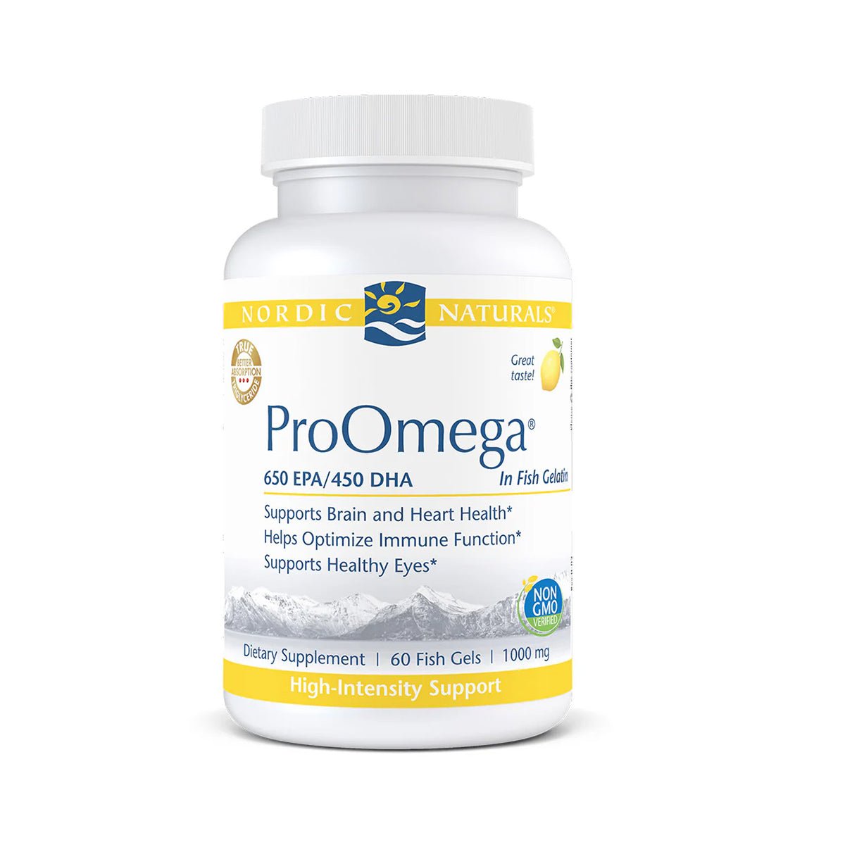 A white bottle of Nordic Naturals ProOmega contains lemon-flavored omega supplements in fish gel capsules, supporting brain, heart, ocular, and immune health with 650 EPA/450 DHA per 1000 mg capsule, and may alleviate dry eye symptoms. Available in three sizes.