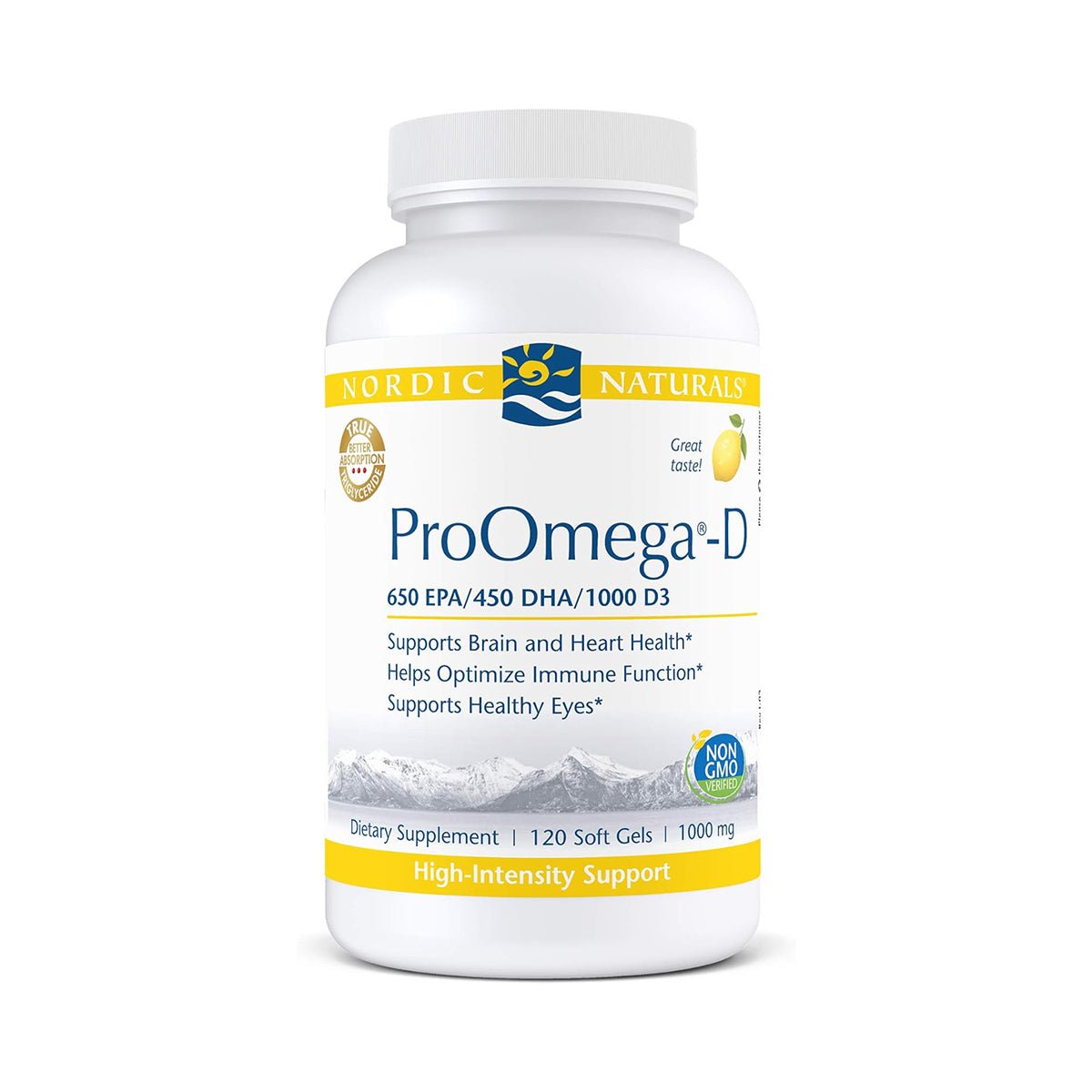 Nordic Naturals ProOmega-D Lemon Flavor (120ct) offers 120 soft gels rich in Omega-3s with 650 EPA, 450 DHA, and 1000 Vitamin D3, promoting brain, heart, immune function, and eye health. The non-GMO white bottle highlights Great taste! icons.