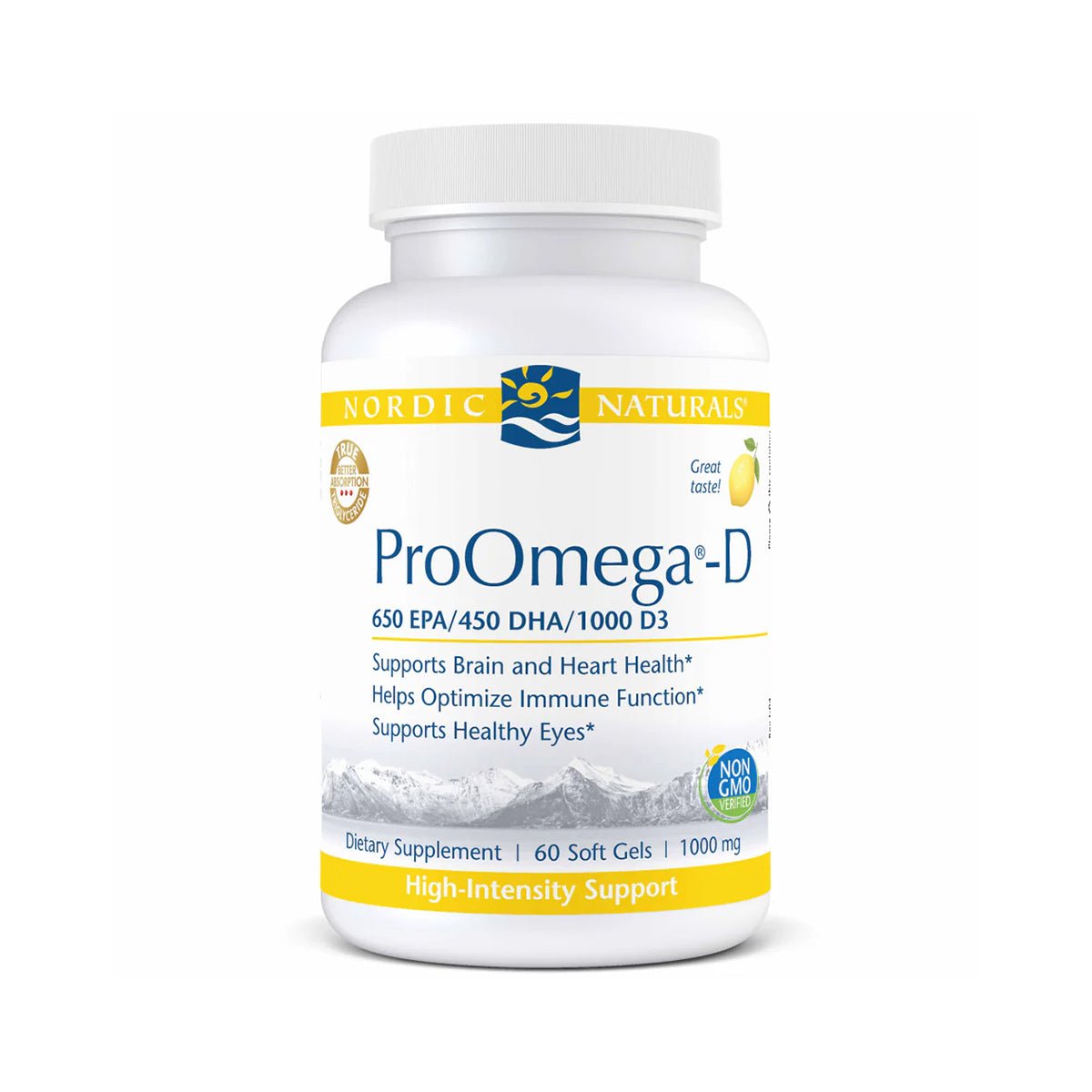 The Nordic Naturals ProOmega-D Lemon Flavor (60ct) bottle offers Omega-3 and Vitamin D3 supplements for brain, heart, and eye health support. It contains 60 non-GMO, 1000 mg soft gels with high-intensity support benefits.