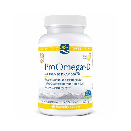 The Nordic Naturals ProOmega-D Lemon Flavor (60ct) bottle offers Omega-3 and Vitamin D3 supplements for brain, heart, and eye health support. It contains 60 non-GMO, 1000 mg soft gels with high-intensity support benefits.