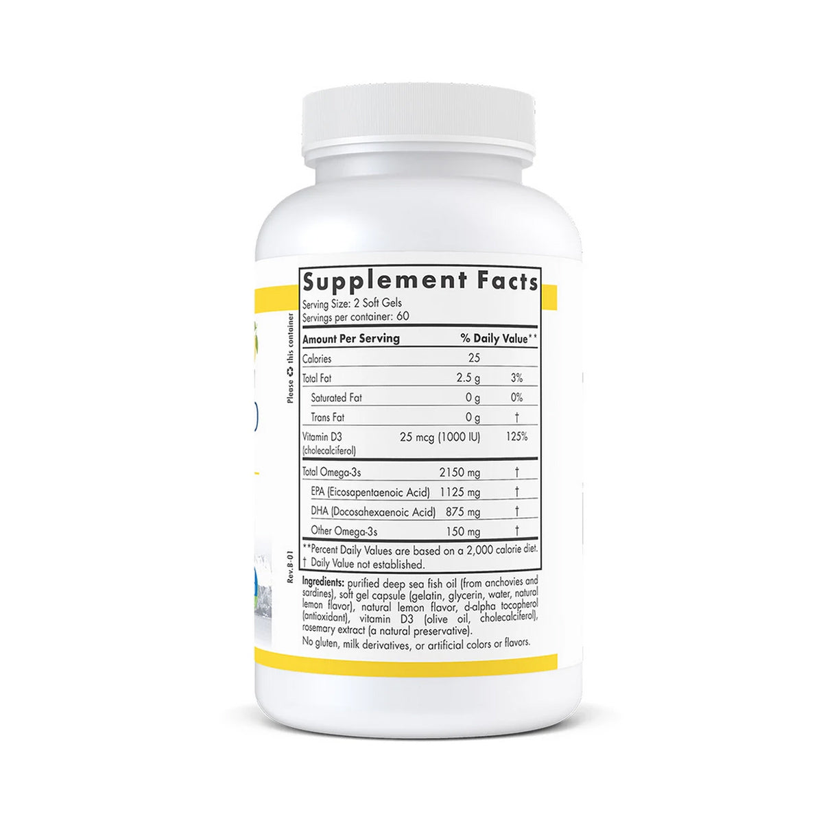 A white plastic bottle of Nordic Naturals ProOmega® 2000-D, labeled as a high-potency omega-3 supplement with Vitamin D3 for eye health, includes Supplement Facts like serving size and calories for its 120 soft gels.