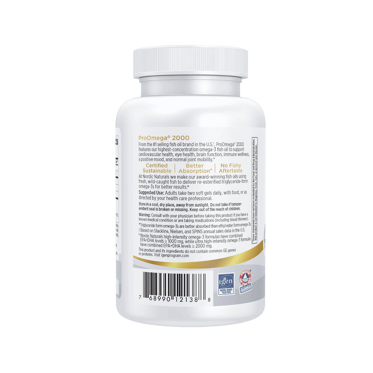 The Nordic Naturals ProOmega 2000 Lemon-flavored soft gels feature a white bottle with details on certification, usage, and benefits for eye health, noting omega-3s role in reducing dry eyes. The label includes a white cap and barcode for convenient scanning.