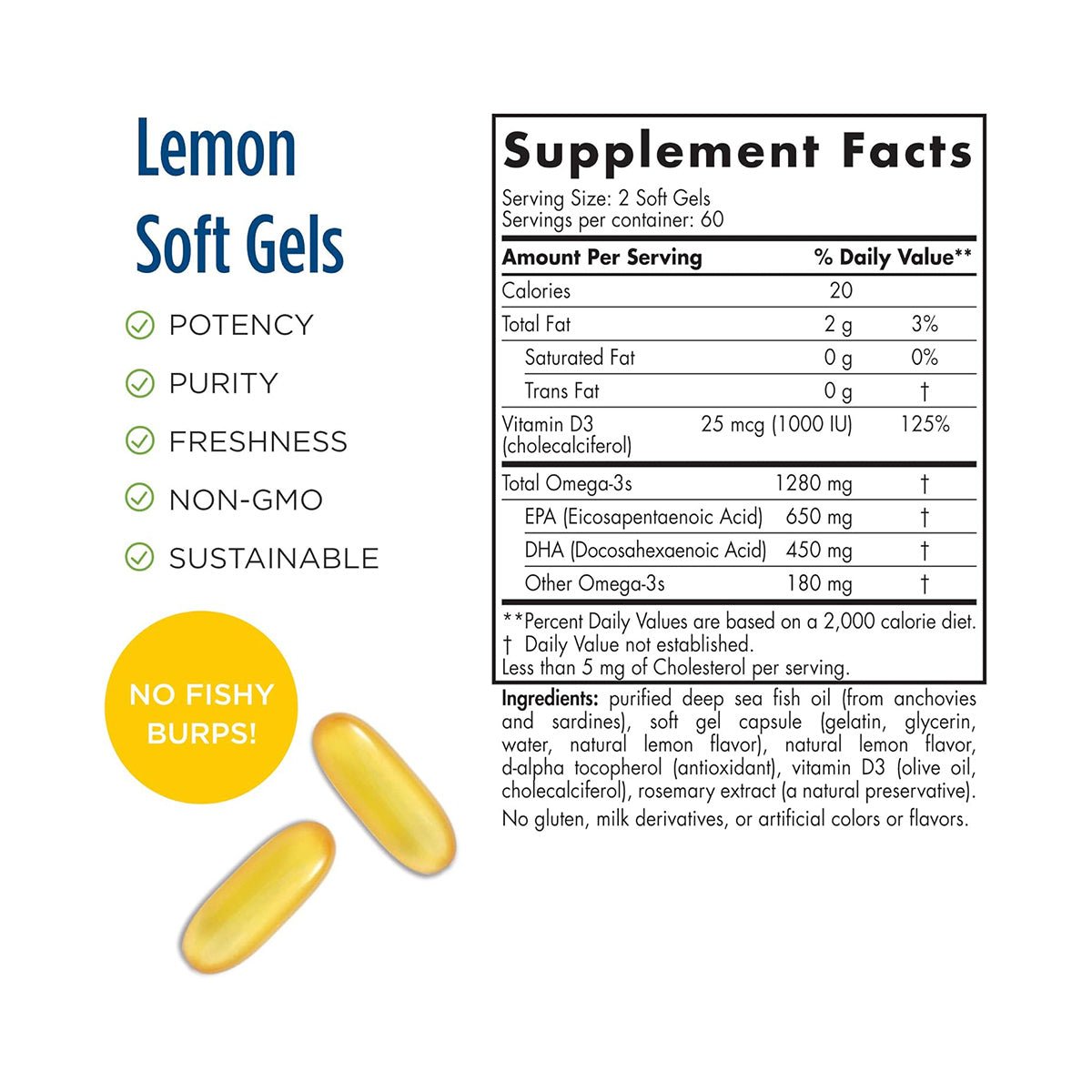 View the supplement facts label of Nordic Naturals ProOmega-D Lemon Flavor (120ct) by Nordic Naturals. It highlights its non-GMO, sustainable, and purity features with no fishy burps. The potent Omega-3 soft gels include fish oil, vitamin D3 for eye health, and mixed tocopherols.