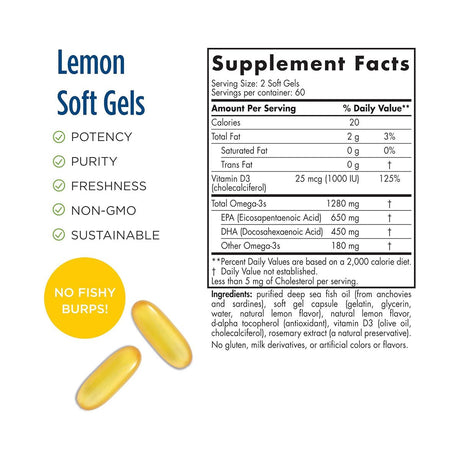 View the supplement facts label of Nordic Naturals ProOmega-D Lemon Flavor (120ct) by Nordic Naturals. It highlights its non-GMO, sustainable, and purity features with no fishy burps. The potent Omega-3 soft gels include fish oil, vitamin D3 for eye health, and mixed tocopherols.