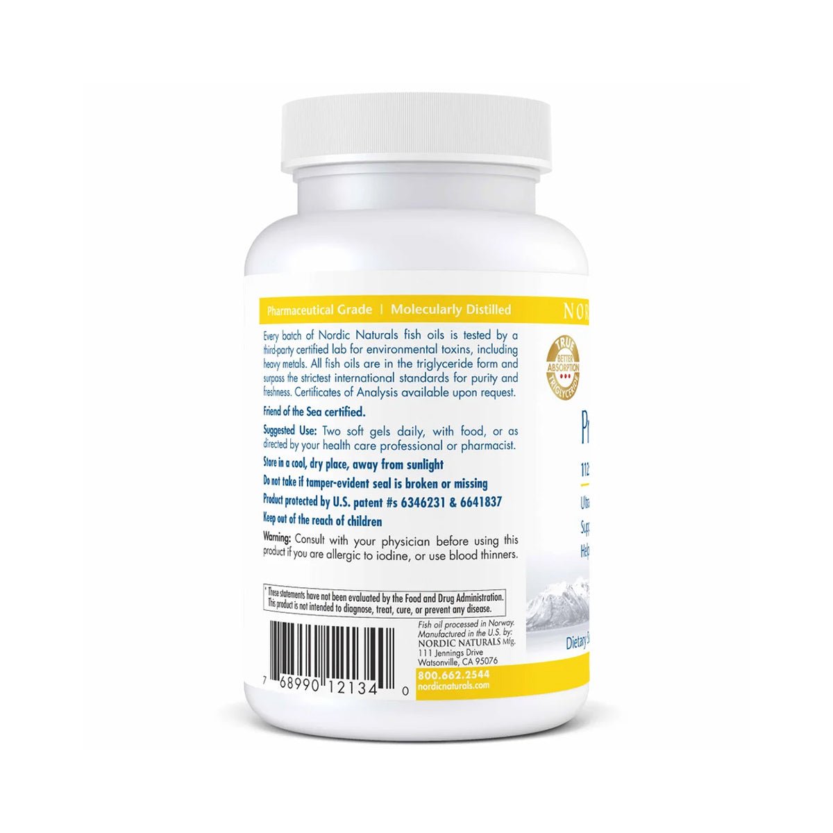 A white bottle of Nordic Naturals ProOmega® 2000-D fish oil capsules, a high-potency Omega-3 and Vitamin D3 supplement for eye and vision health. The label includes supplement details, suggested use, a bottom barcode, and a yellow and blue emblem emphasizing purity and quality.