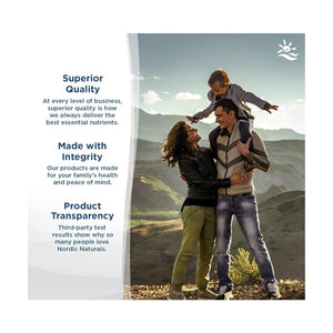 A family of three enjoys mountain views, with the mother holding a child and the father carrying a backpack of Nordic Naturals ProOmega-D Lemon Flavor. Text emphasizes their dedication to superior quality and transparency, offering essential Omega-3 for heart and eye health.