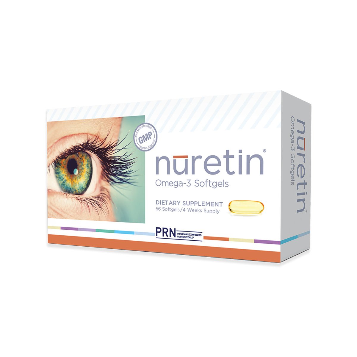 The packaging of PRN Nuretin - High Dose Omega-3 Fish Oil Supplement features an eye close-up on the left and a softgel illustration on the right. It highlights EPA and DHA content, is a 1-month supply, GMP certified, and made by PRN - Physician Recommended Nutriceuticals.