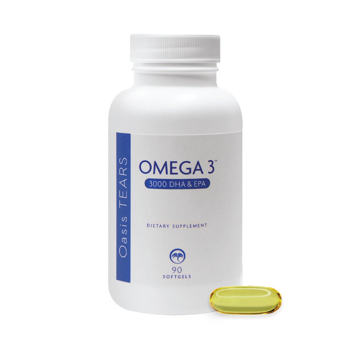 The Omega-3 supplement by Oasis Medical, titled Oasis TEARS Omega 3, is a white bottle with the label highlighting its benefits for eye health and dry eye relief. It contains 90 softgels, one of which is yellow and rests in front of the bottle.