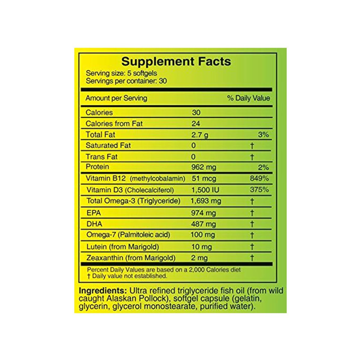 Image of the OcuSci Ultra Omega Support 2-Month Supply supplement facts label, detailing nutritional info per serving of 5 softgels, including calories, fats, proteins, vitamin D3. Highlights omega-3 triglyceride and omega-7 fatty acids with the ingredient list at the bottom.