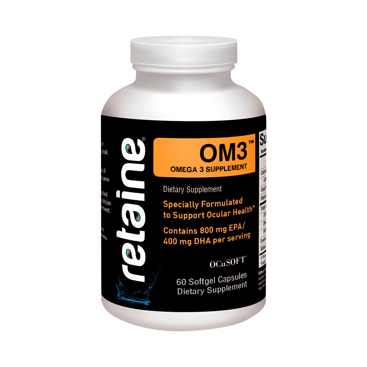 The Ocusoft Retaine OM3 Nutritional Supplement by OCuSOFT, shown in a bottle and box, is labeled as an Omega-3 fatty acids blend for visual wellness. Each serving features 800 mg EPA & DHA. Two dark softgel capsules are displayed beside the product to emphasize its ocular health benefits.