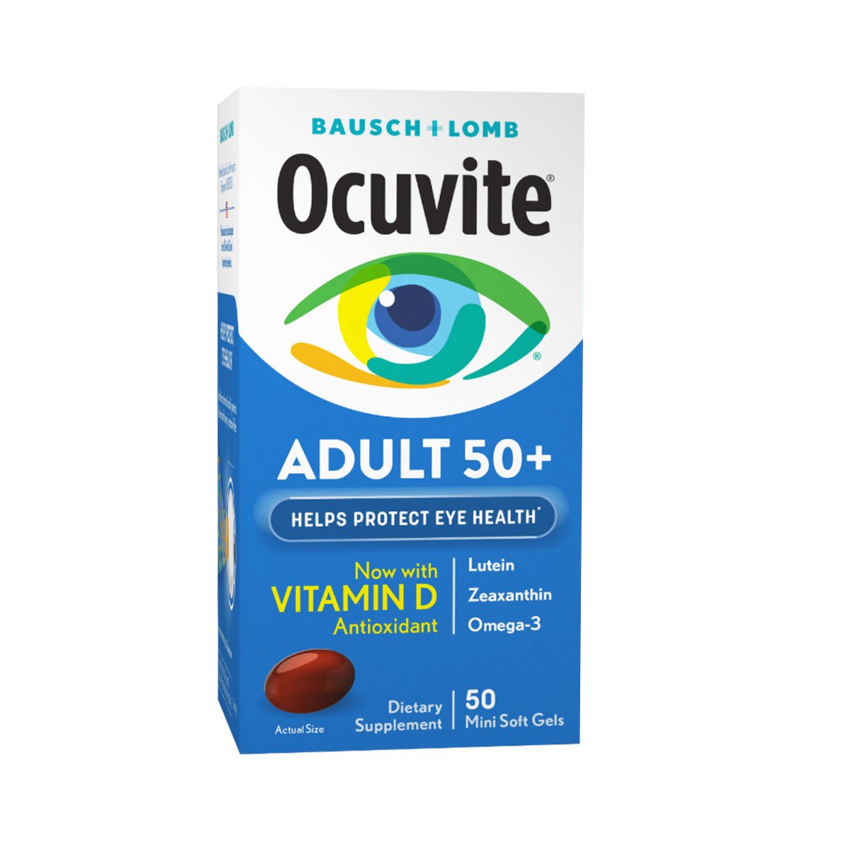 Box of Bausch + Lomb Ocuvite Eye Vitamin & Mineral Supplement, designed for adults 50+, containing Zinc, Vitamins C and E, Omega-3, Lutein, and Zeaxanthin. The packaging highlights Helps Protect Eye Health with 90 softgels to support eye health.