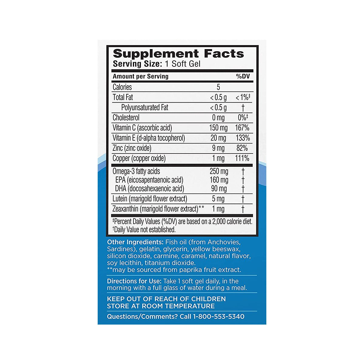 Supplement facts label for Bausch + Lombs Ocuvite Eye Vitamin & Mineral Supplement soft gels, including calories, fats, cholesterol, vitamins C and E, Zinc, Omega-3 with daily values. Ingredients: fish oil, gelatin. Includes warnings and contact info. Inspired by eye health benefits.