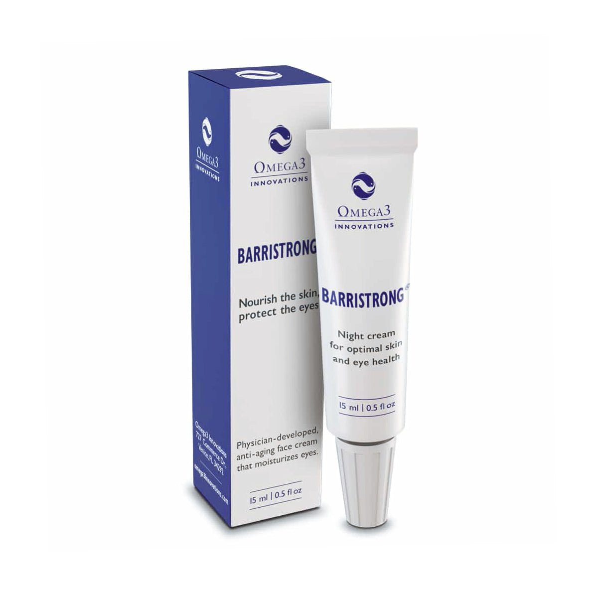 The Omega 3 Innovations Barristrong Skin Cream for Sensitive Eyes and Irritated Eyelids, cold shipped in a 15 ml tube with box, contains an anti-aging formula enriched with Omega-3s to nourish, hydrate, and protect dry skin and eyes for a rejuvenated, youthful appearance.